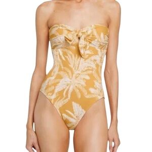 Robin Piccone Yellow Palm Print Strapless One-Piece Swimsuit